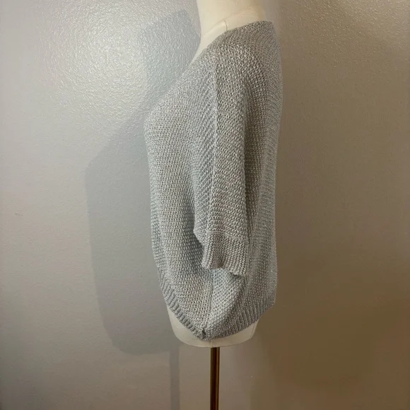 Brand Bazar Metallic Shimmer Knit Top Silver Holiday Sweater Sz M Made in Italy - Picture 3 of 11